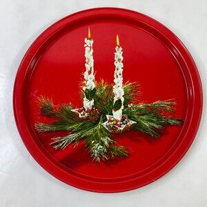 Vintage Christmas Holiday Red Metal Serving Tray Candles Greenery Design 13"
